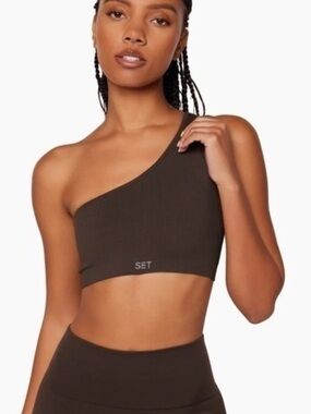 SET active sculpt flex ribbed one shoulder sports bra espresso brown